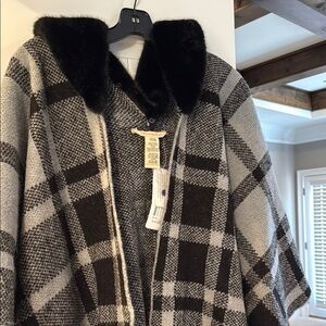 Plaid Women's Jacket with Black Fur Collar